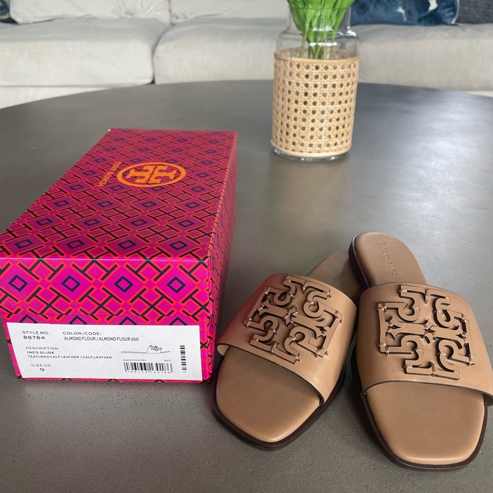 Brand new Tori Burch slides! Size 9. Brown leather